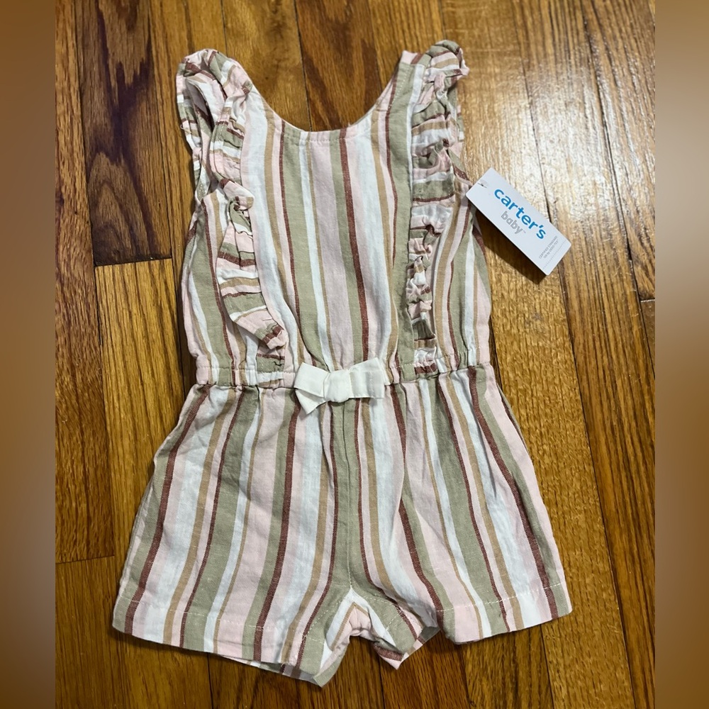 Carter's Pink and Tan Striped Romper with Ruffles